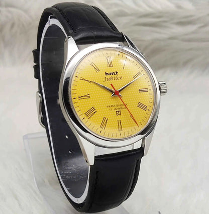 HMT Jubilee Sun Yellow Dial Watch with Roman Numerals and 17 Jewels