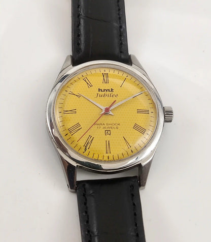 HMT Jubilee Watch 17 Jewels Yellow Dial Handwinding Timepiece