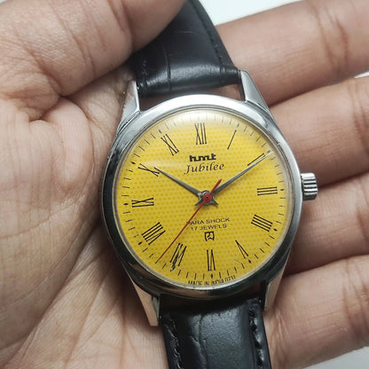 HMT Jubilee Watch 17 Jewels Yellow Dial Handwinding Timepiece