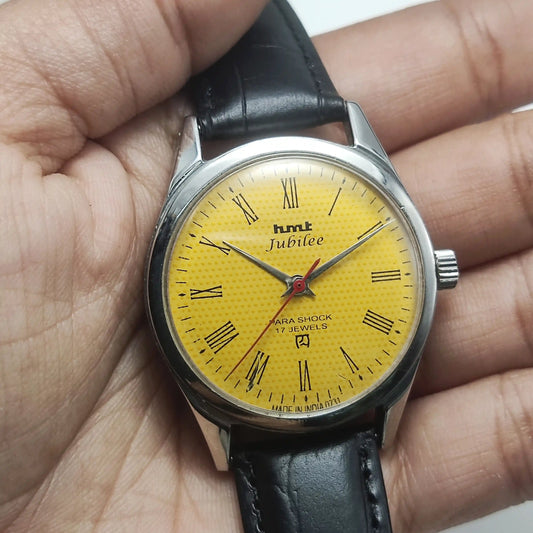HMT Jubilee Watch 17 Jewels Yellow Dial Handwinding Timepiece
