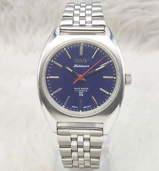 HMT Kohinoor Handwinding Watch - 17 Jewels Blue Dial with Stick Indices