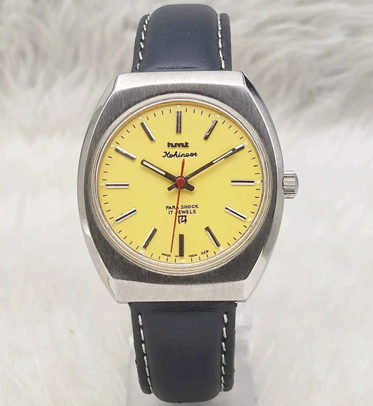 HMT Kohinoor Yellow Dial Watch – 17 Jewels Men's Handwinding Timepiece