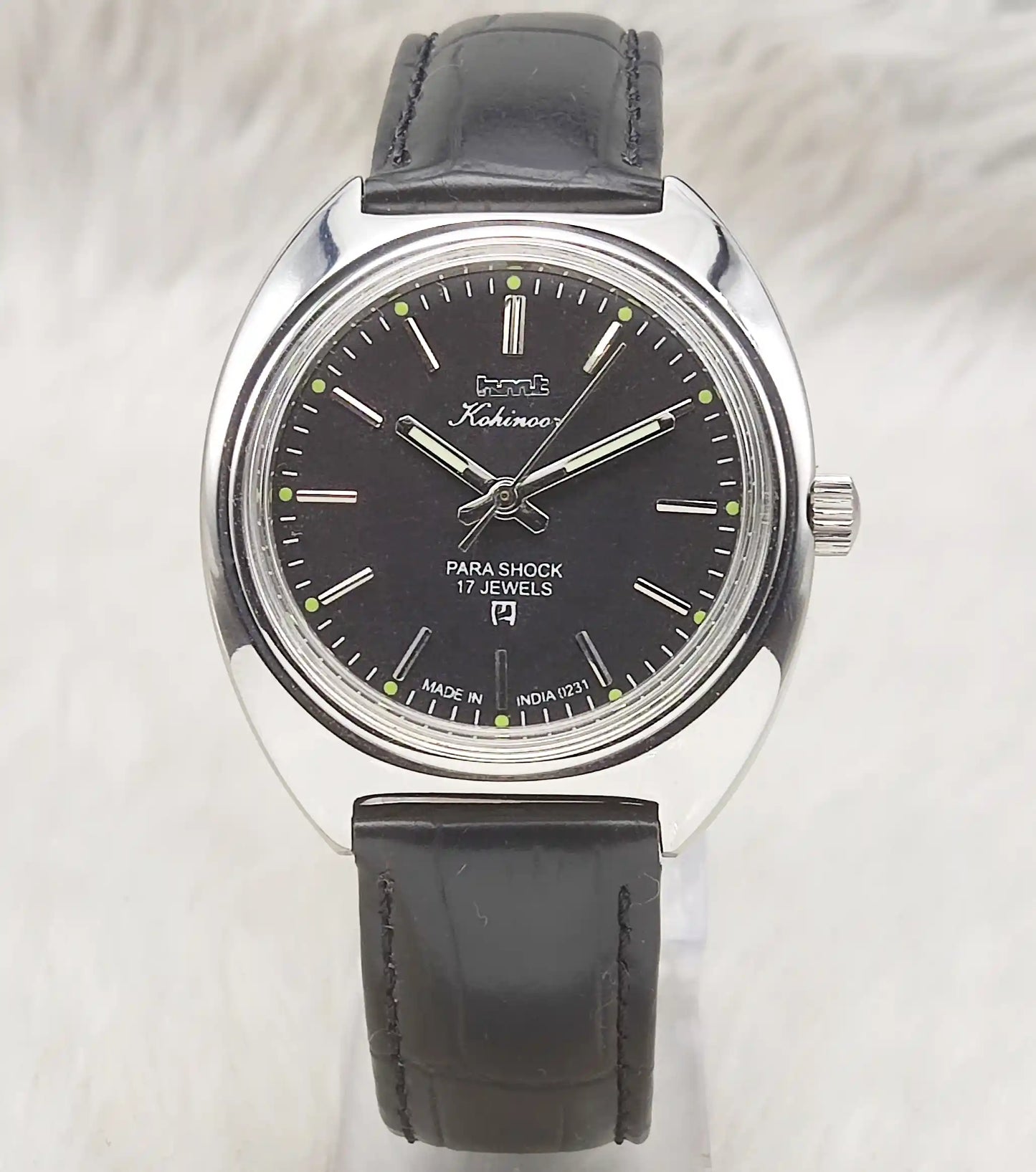 HMT Kohinoor Black Dial 17 Jewels Para Shock Stick Indices Watch