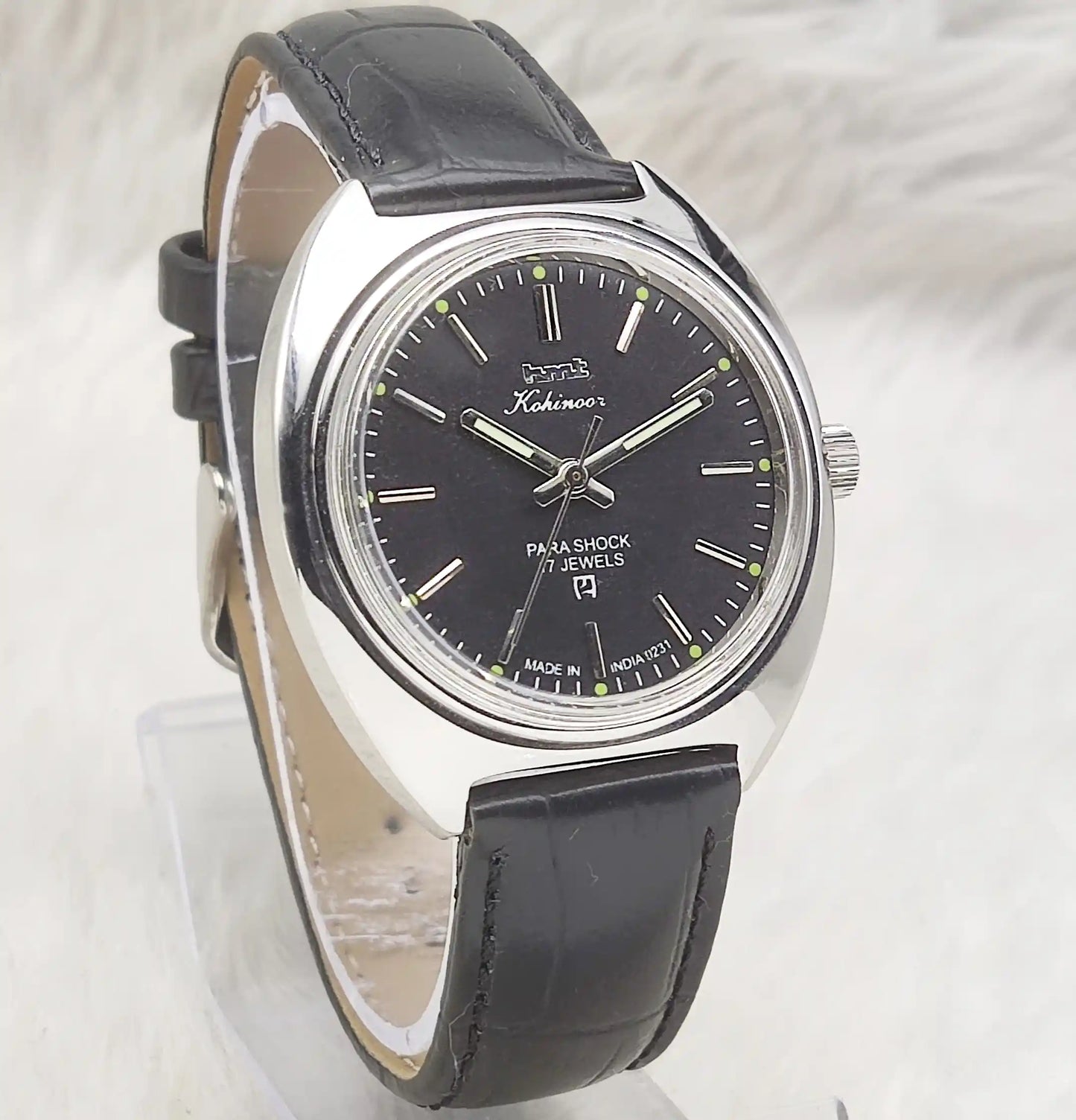 HMT Kohinoor Black Dial 17 Jewels Para Shock Stick Indices Watch