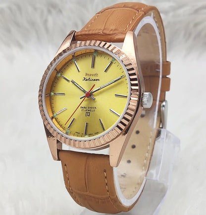 HMT Kohinoor Handwinding 17 Jewels Golden Dial Watch Transparent Back