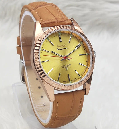 HMT Kohinoor Handwinding 17 Jewels Golden Dial Watch Transparent Back