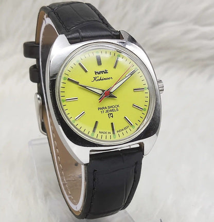 HMT Kohinoor Mechanical Watch 17 Jewels with Lemon Yellow Dial and Handwinding Movement for Men