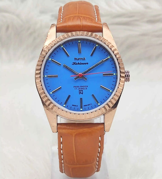 HMT Kohinoor Peacock Blue Dial Watch - 17 Jewels Men's Handwinding Timepiece with Transparent Back