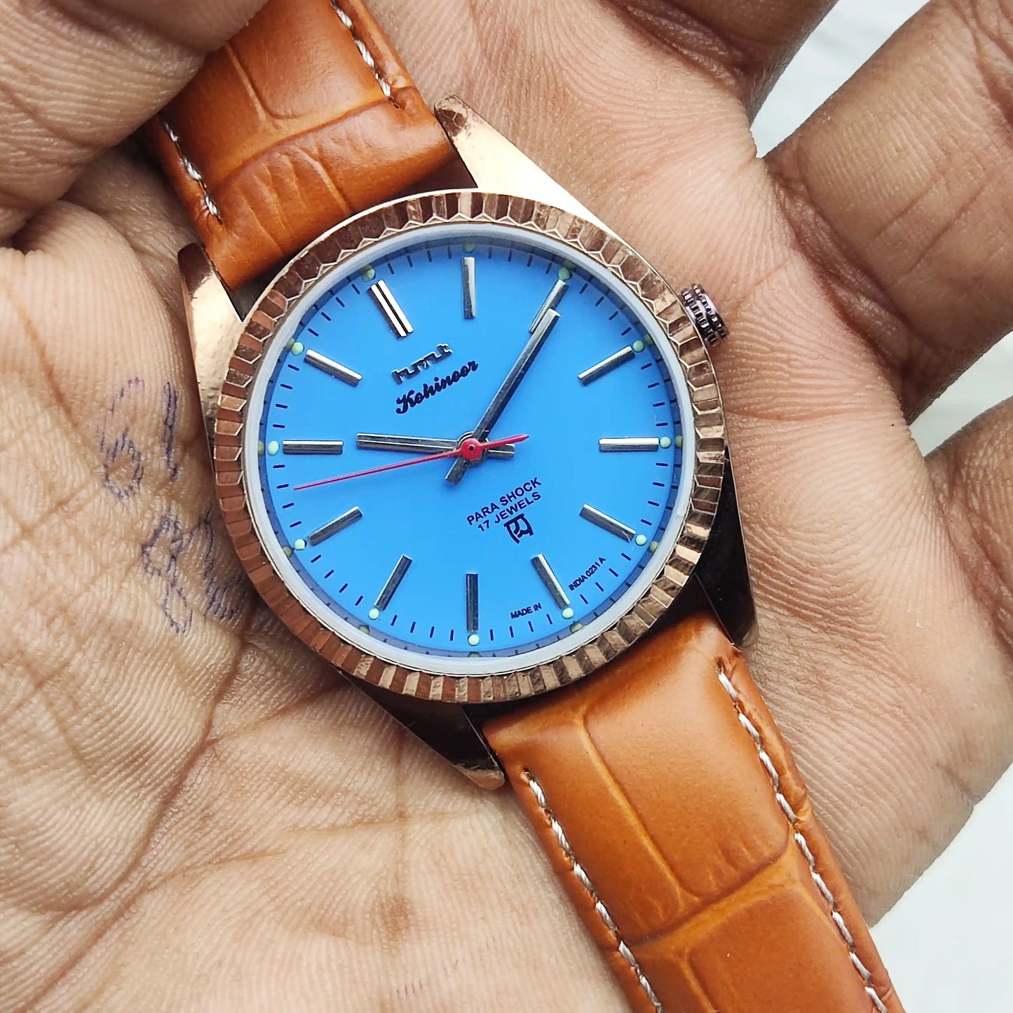 HMT Kohinoor Peacock Blue Dial Watch - 17 Jewels Men's Handwinding Timepiece Transparent Back