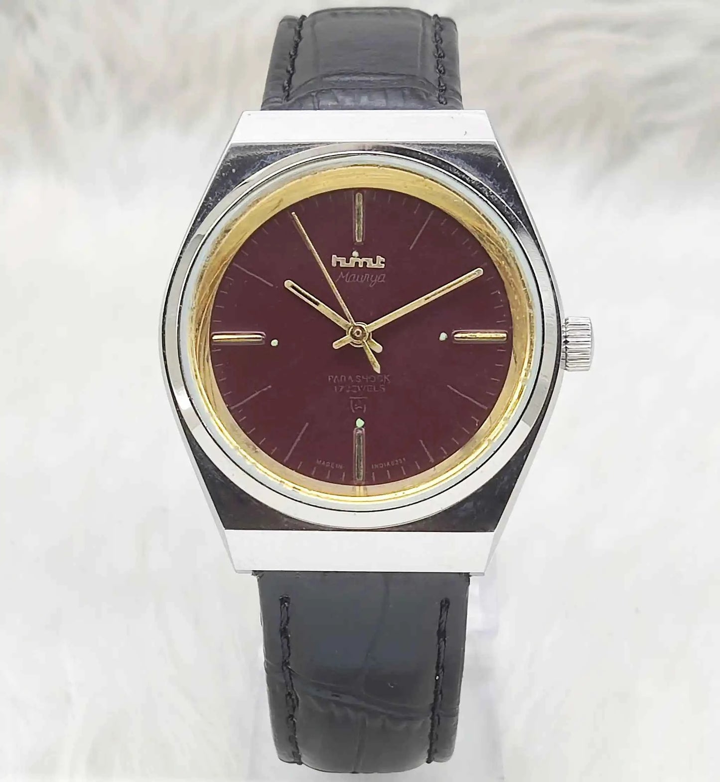 HMT Maurya Maroon Dial Watch 17 Jewels and Stick Indices