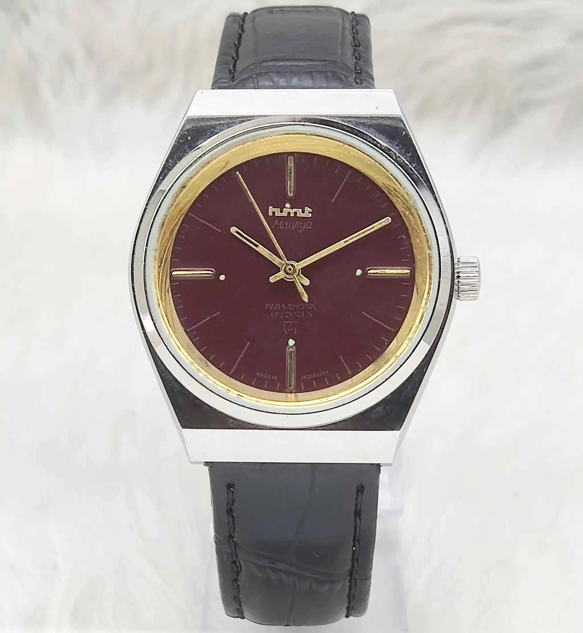 HMT Maurya Maroon Dial Watch 17 Jewels and Stick Indices