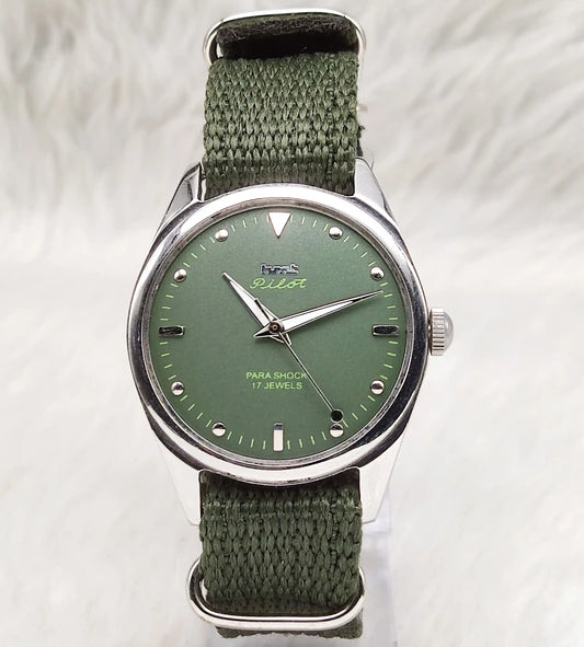 HMT Pilot Handwinding Watch - 17 Jewels Apple Green Dial with Dotted Indices