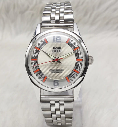 HMT Pilot Handwinding Watch - 17 Jewels Biscuit Color Dial with English-Stick Numerals and Transparent Back