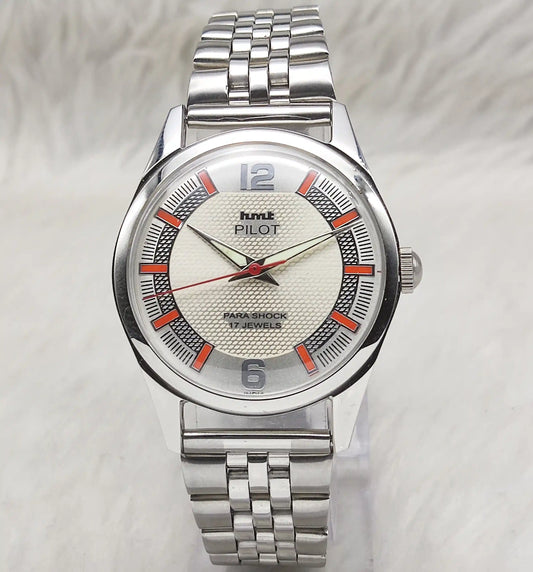 HMT Pilot Handwinding Watch - 17 Jewels Biscuit Color Dial with English-Stick Numerals and Transparent Back