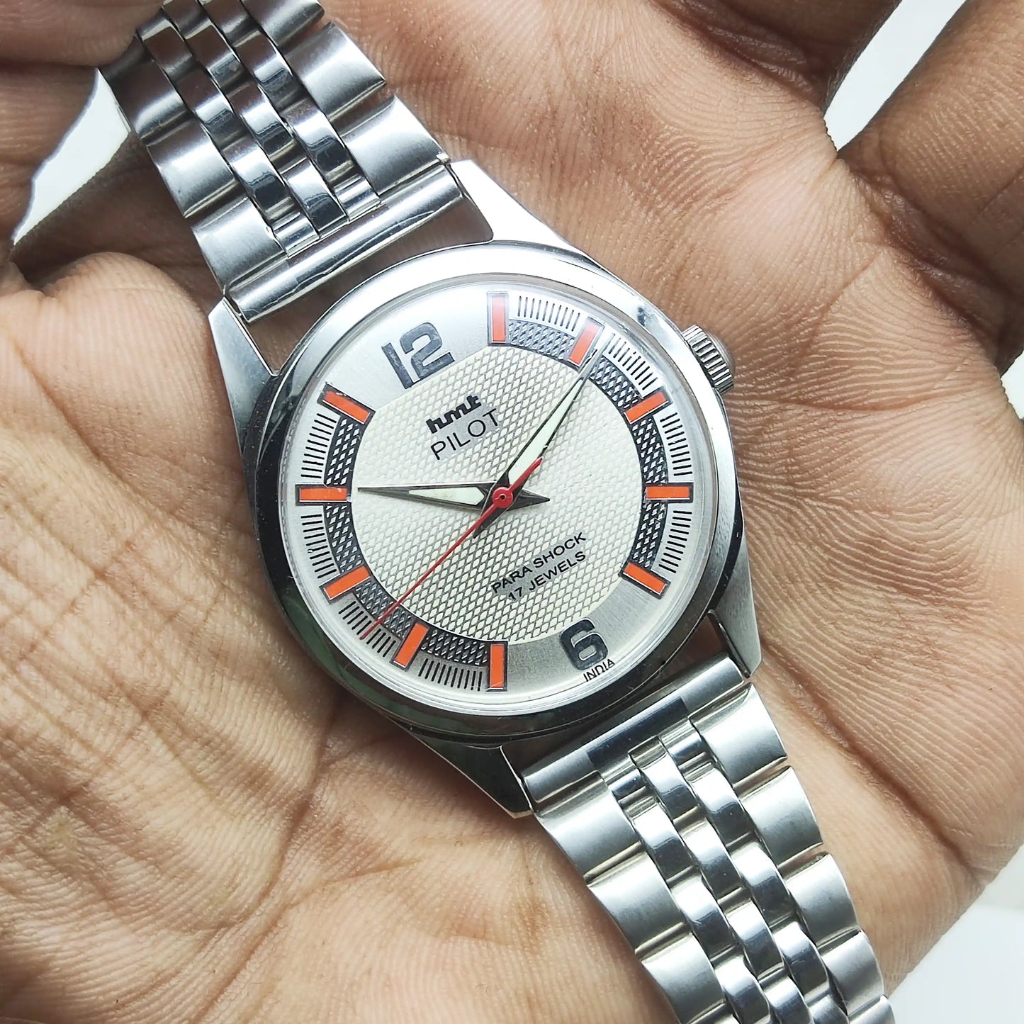 HMT Pilot Handwinding Watch - 17 Jewels Biscuit Color Dial with English-Stick Numerals and Transparent Back