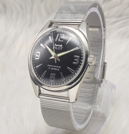 HMT Pilot 17 Jewels Black Dial - Handwinding Men's Watch Numerals Indices