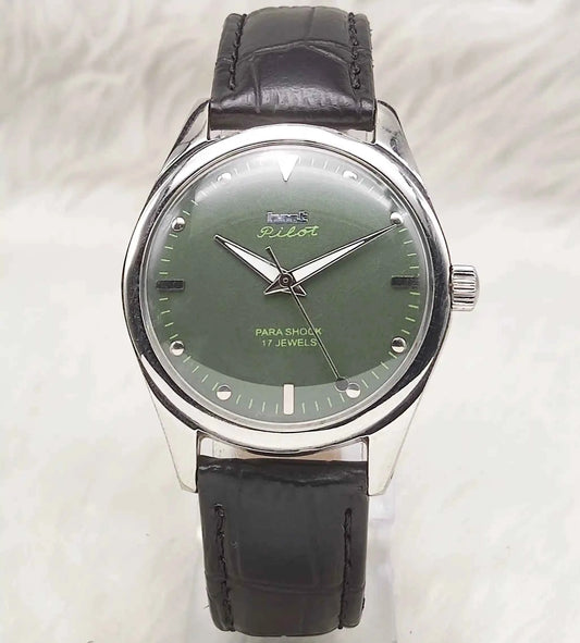 HMT Pilot 17 Jewels Dark Green Dial Dotted Indices Handwinding Watch