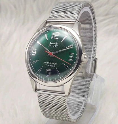 HMT Pilot 17 Jewels Green Dial - Handwinding Men's Watch English Numerals