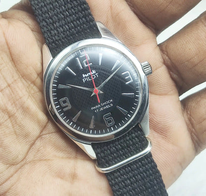 HMT Pilot 17 Jewels Black Dial - Handwinding Men's Watch English Numerals