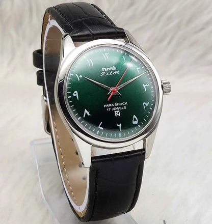 HMT Pilot 17 Jewels Handwinding Green Dial Arabic Font