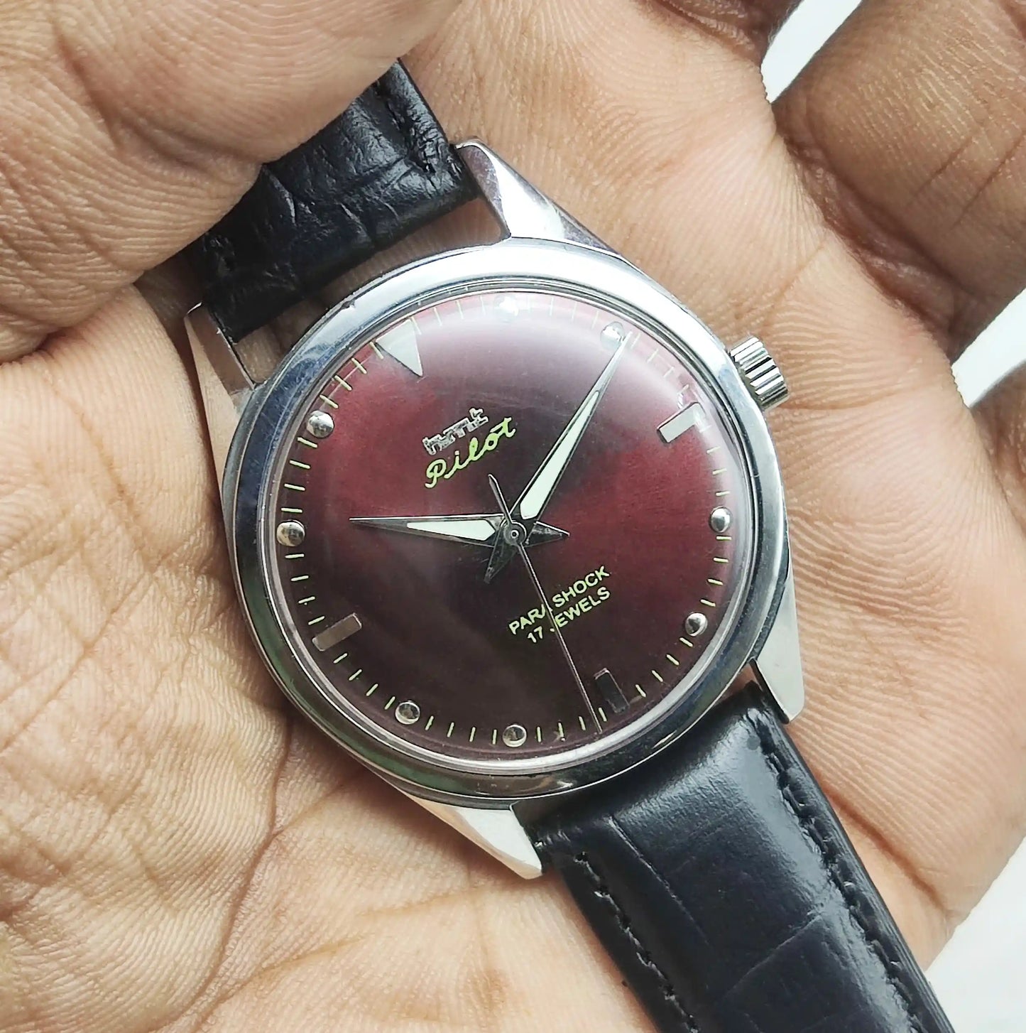 HMT Pilot 17 Jewels Handwinding Men's Watch with Maroon Dial