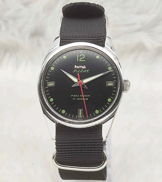 HMT Pilot Watch 17 Jewels Para Shock Black Dial Handwinding Men's Watch 0231