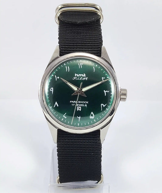 HMT Pilot Arabic Font Green Dial Para Shock 17 Jewels Dial Discover-Diamonds