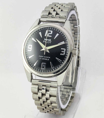 HMT Pilot Black Dial Para Shock 17 Jewels Mechanical Handwinding Men's Wrist Watch 0231 Discover-Diamonds