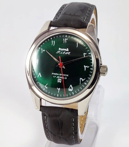 HMT Pilot Green Dial Para Shock 17 Jewels Arabic Font Handwinding Discover-Diamonds