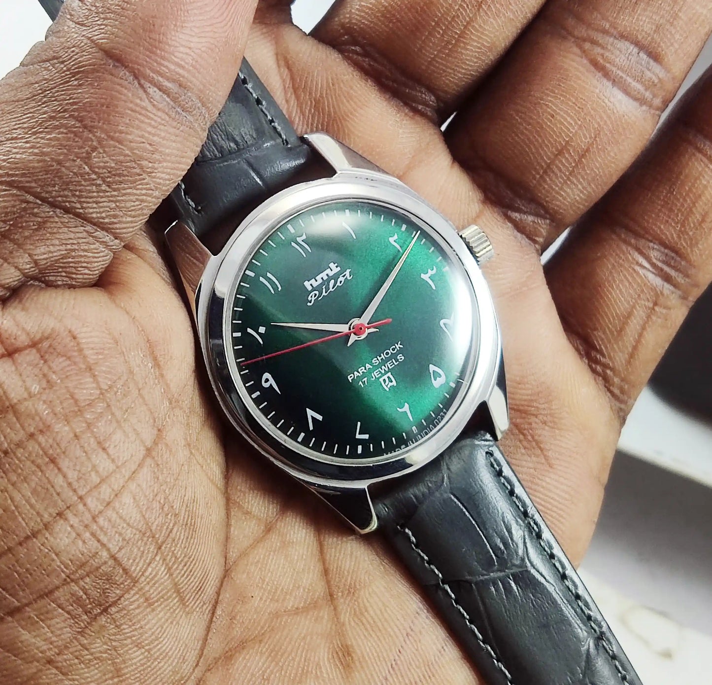 HMT Pilot Green Dial Para Shock 17 Jewels Arabic Font Handwinding Discover-Diamonds