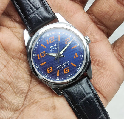 HMT Pilot Handwinding 17 Jewels Transparent Back Blue Dial Watch