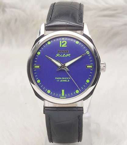 HMT Pilot Handwinding Watch - 17 Jewels Blue Dial Timepiece Transparent Back