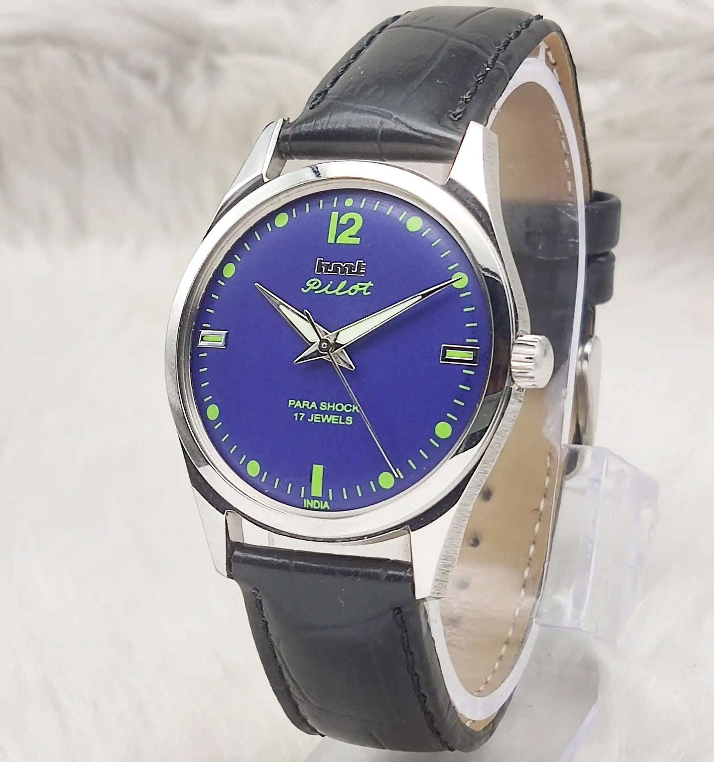 HMT Pilot Handwinding Watch - 17 Jewels Blue Dial Timepiece Transparent Back