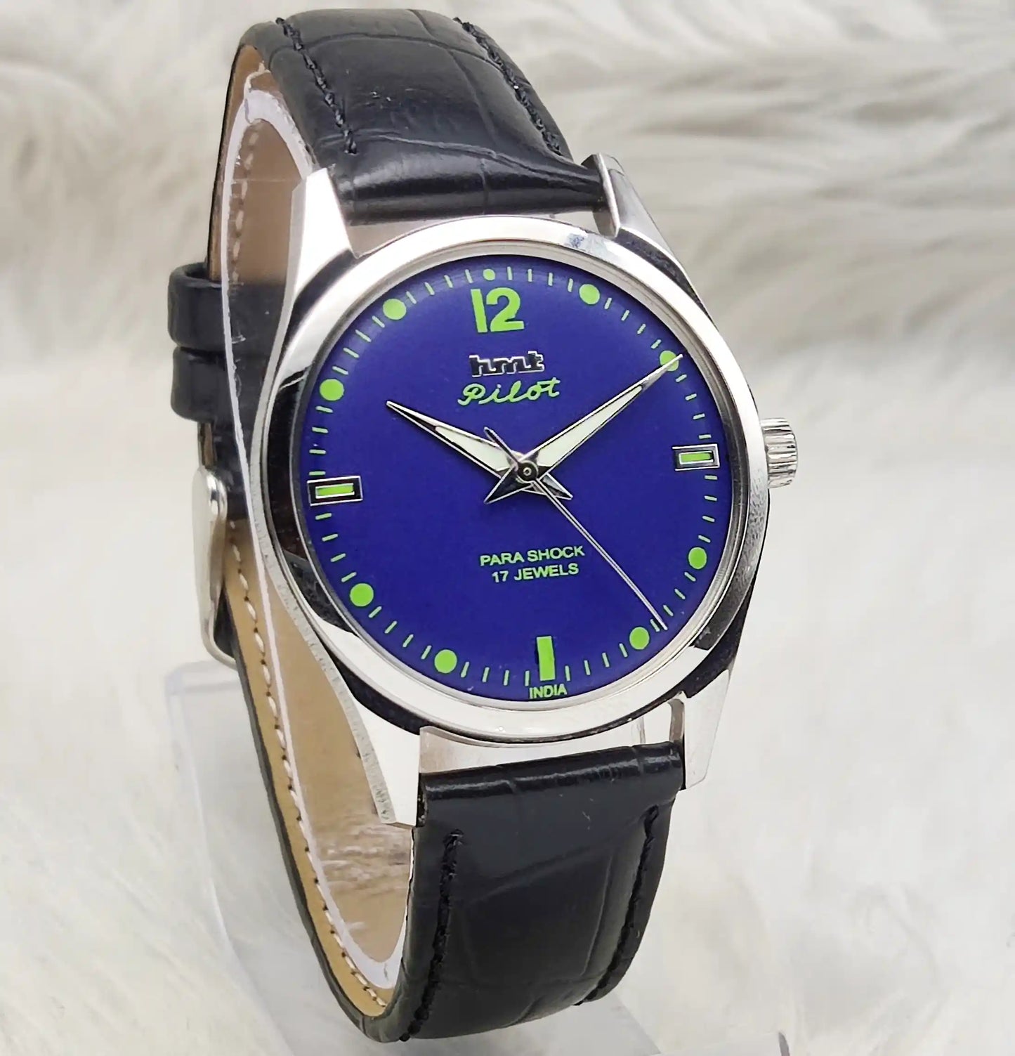 HMT Pilot Handwinding Watch - 17 Jewels Blue Dial Timepiece Transparent Back