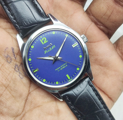 HMT Pilot Handwinding Watch - 17 Jewels Blue Dial Timepiece Transparent Back