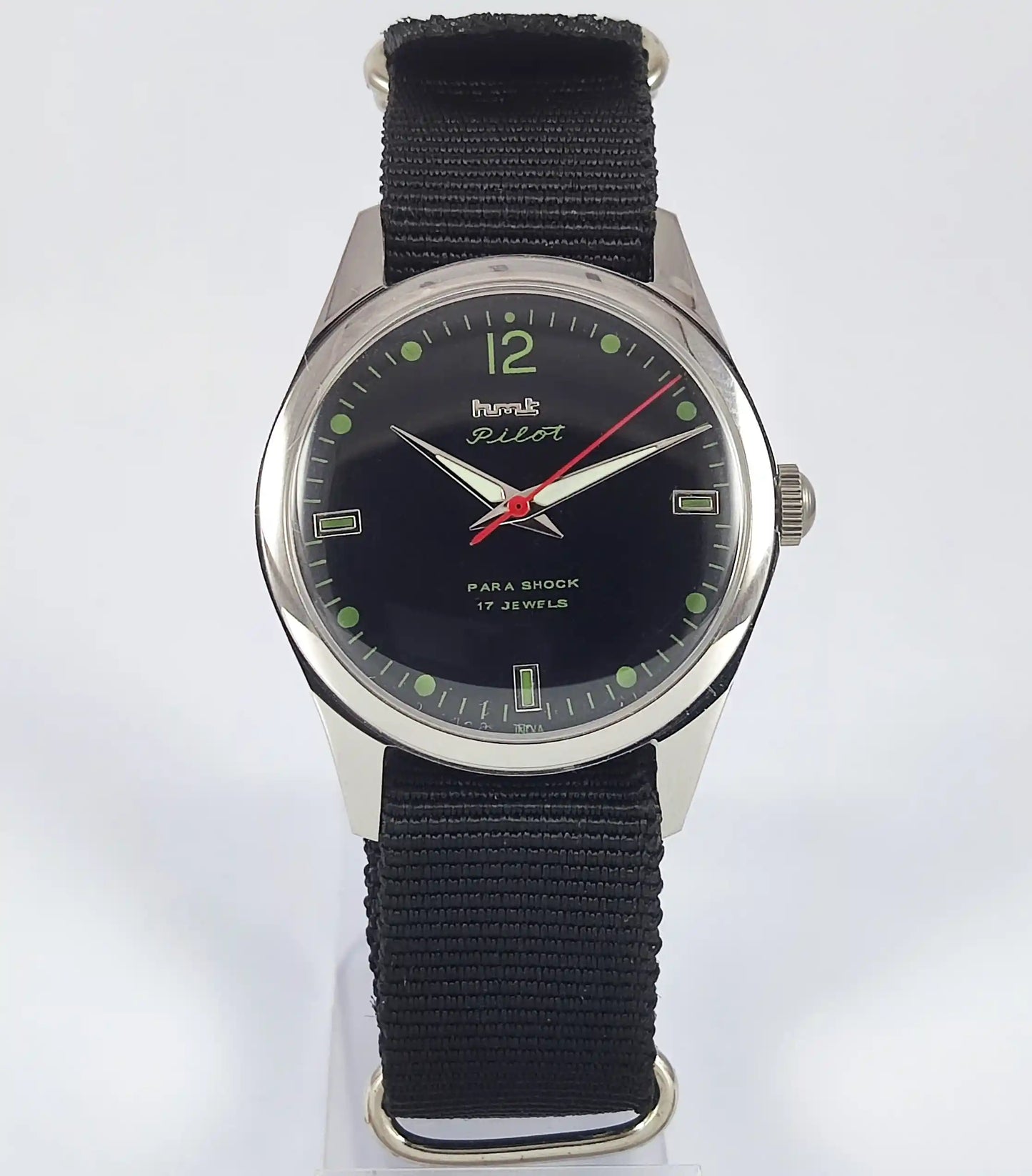 HMT Pilot Para Shock 17 Jewels Black Dial Transparent Back Handwinding Men's Watch Discover-Diamonds