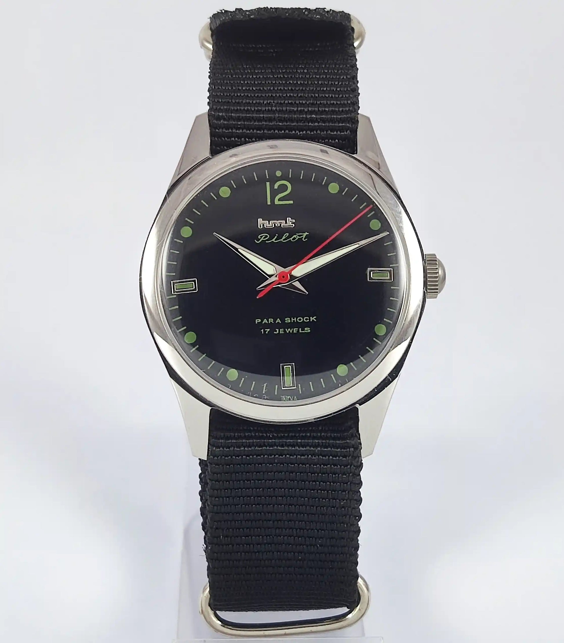 HMT Pilot Para Shock 17 Jewels Black Dial Transparent Back Handwinding Men's Watch Discover-Diamonds