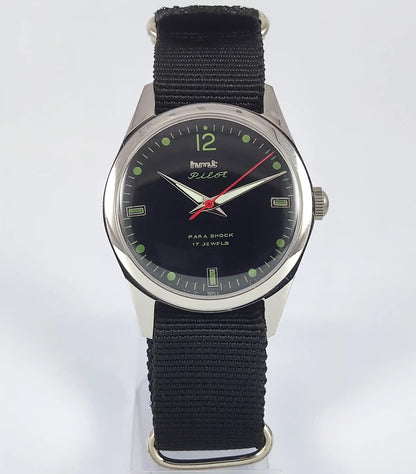 HMT Pilot Para Shock 17 Jewels Black Dial Transparent Back Handwinding Men's Watch Discover-Diamonds