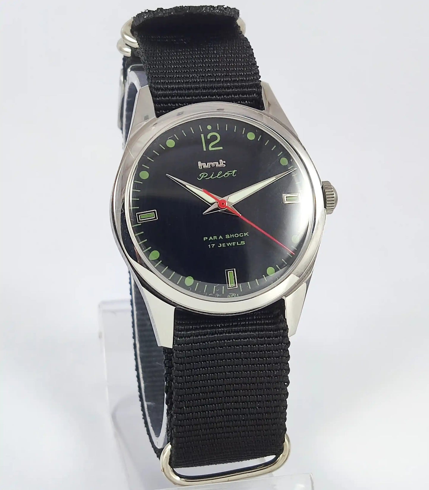 HMT Pilot Para Shock 17 Jewels Black Dial Transparent Back Handwinding Men's Watch Discover-Diamonds