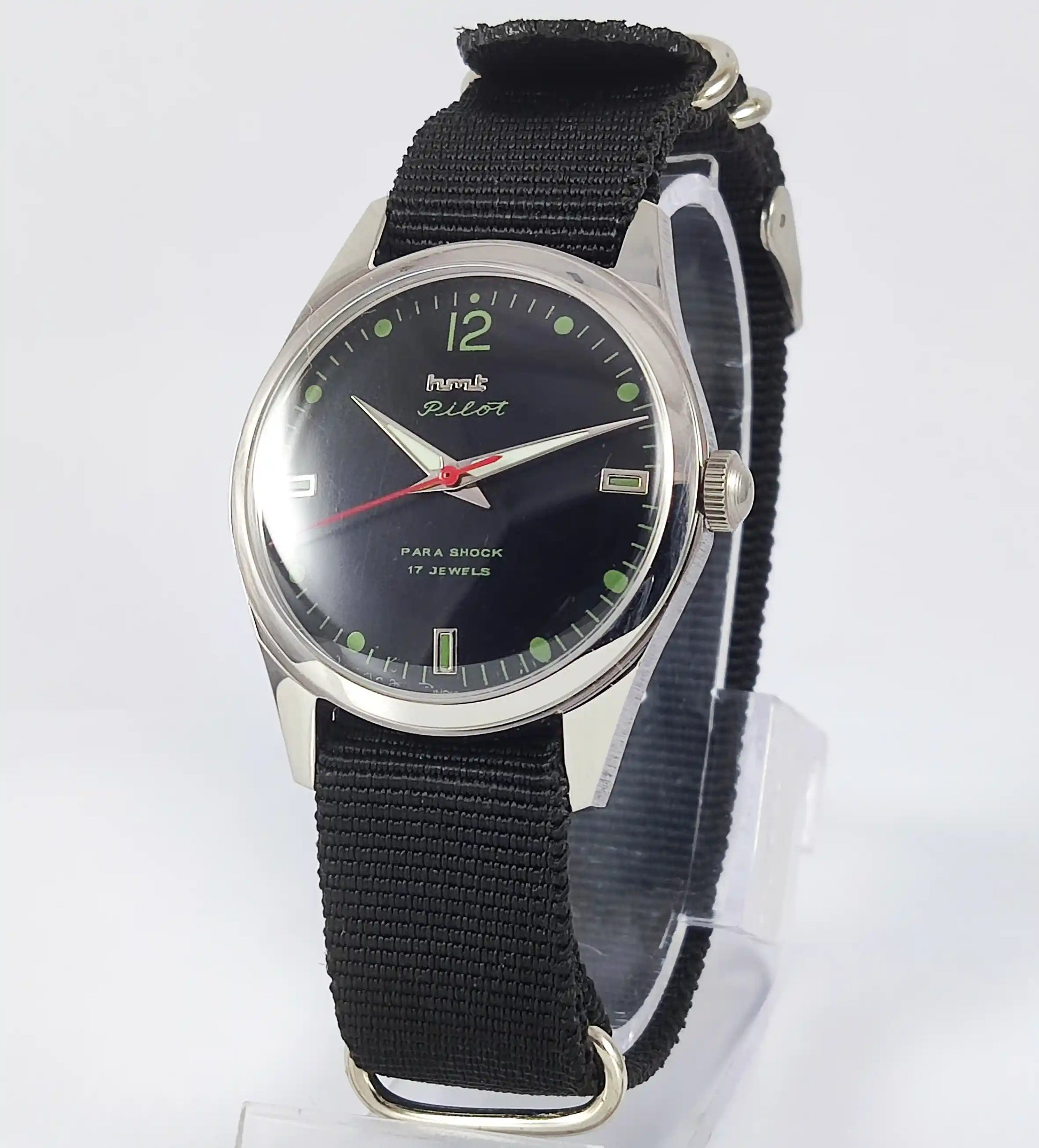 HMT Pilot Para Shock 17 Jewels Black Dial Transparent Back Handwinding Men's Watch Discover-Diamonds