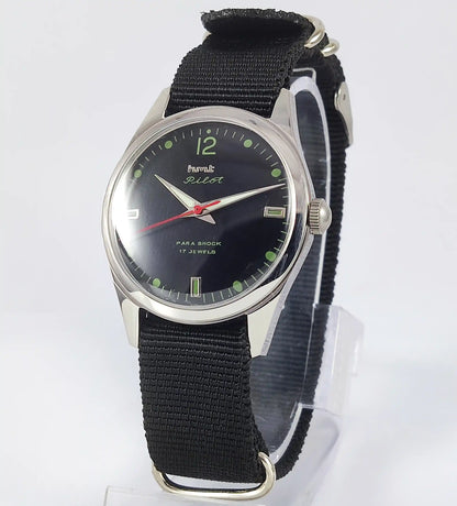 HMT Pilot Para Shock 17 Jewels Black Dial Transparent Back Handwinding Men's Watch Discover-Diamonds