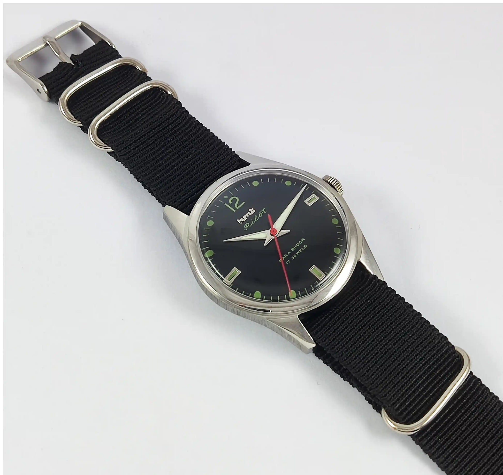 HMT Pilot Para Shock 17 Jewels Black Dial Transparent Back Handwinding Men's Watch Discover-Diamonds