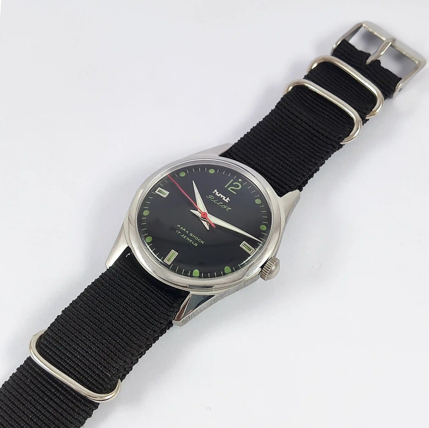 HMT Pilot Para Shock 17 Jewels Black Dial Transparent Back Handwinding Men's Watch Discover-Diamonds