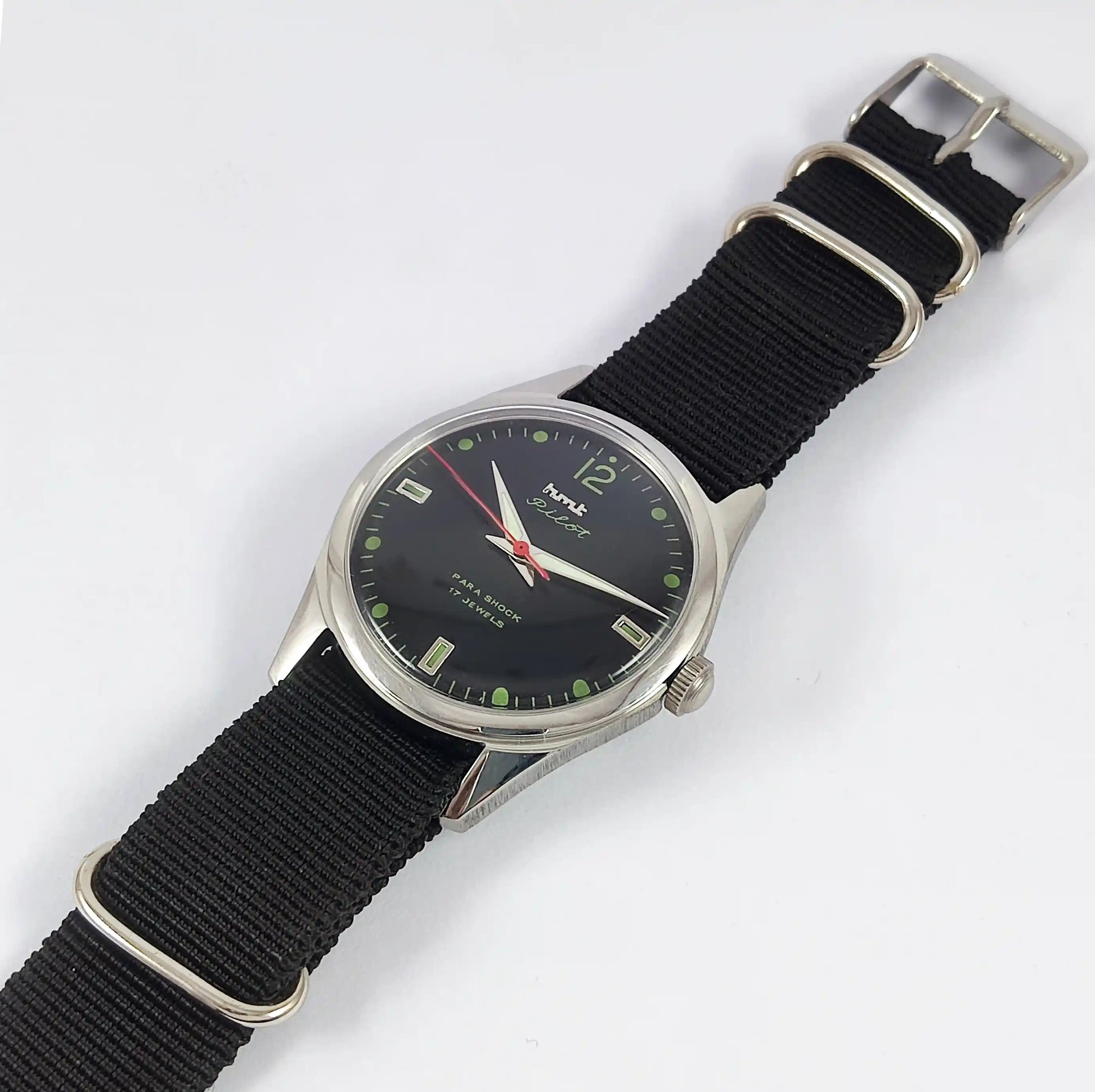 HMT Pilot Para Shock 17 Jewels Black Dial Transparent Back Handwinding Men's Watch Discover-Diamonds