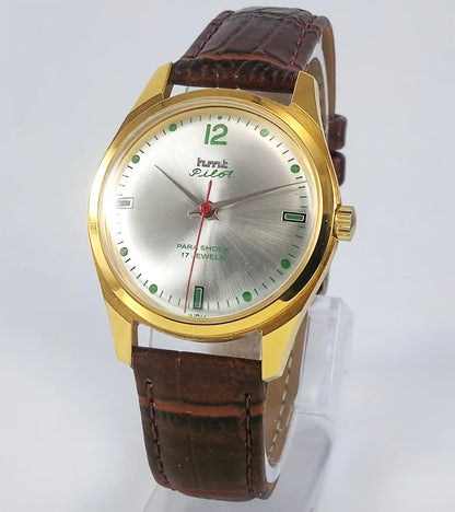 HMT Pilot Para Shock 17 Jewels Silver Dial Transparent Back Handwinding Discover-Diamonds