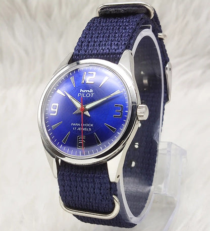 HMT Pilot Stick Men’s Watch - English Blue Dial, 17 Jewels, Handwinding Design