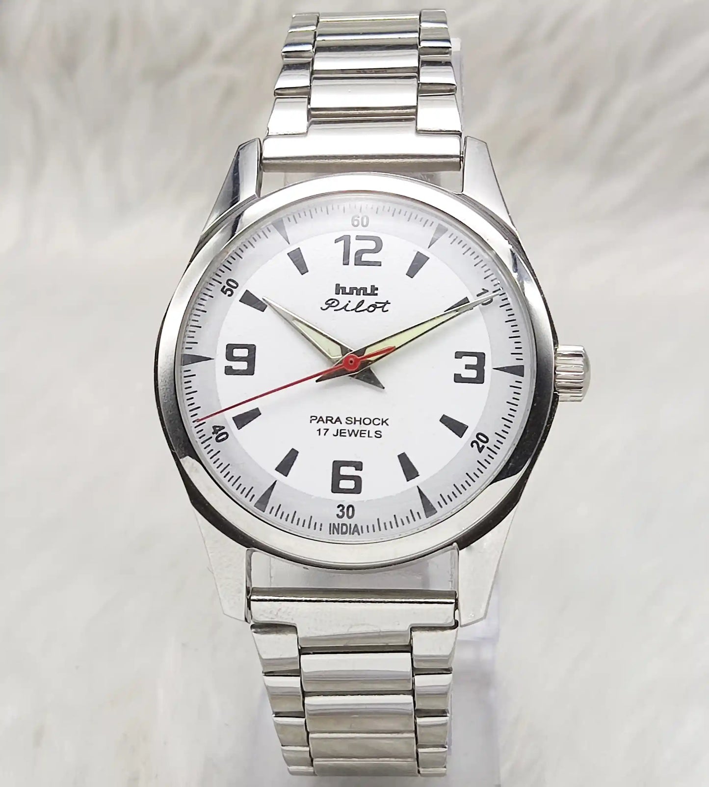 HMT Pilot 17 Jewels White Dial - Handwinding Watch English Numerals Transparent Back