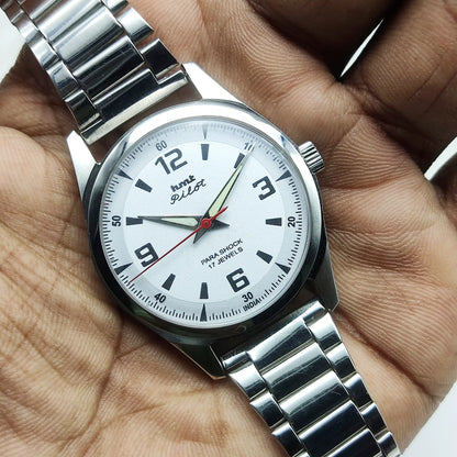 HMT Pilot 17 Jewels White Dial - Handwinding Watch English Numerals Transparent Back