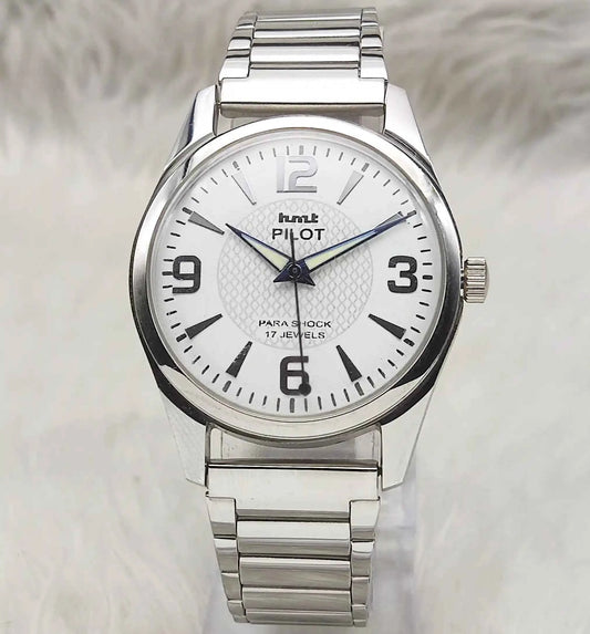 HMT Pilot White Dial 17 Jewels Mechanical Handwinding Watch Stick Numerals Indices