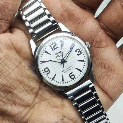 HMT Pilot White Dial 17 Jewels Mechanical Handwinding Watch Stick Numerals Indices
